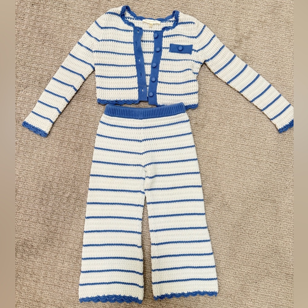 LoveShackFancy Girls Floraine Fawna Striped Crochet Pant & Cardigan Set NWOT 5/6